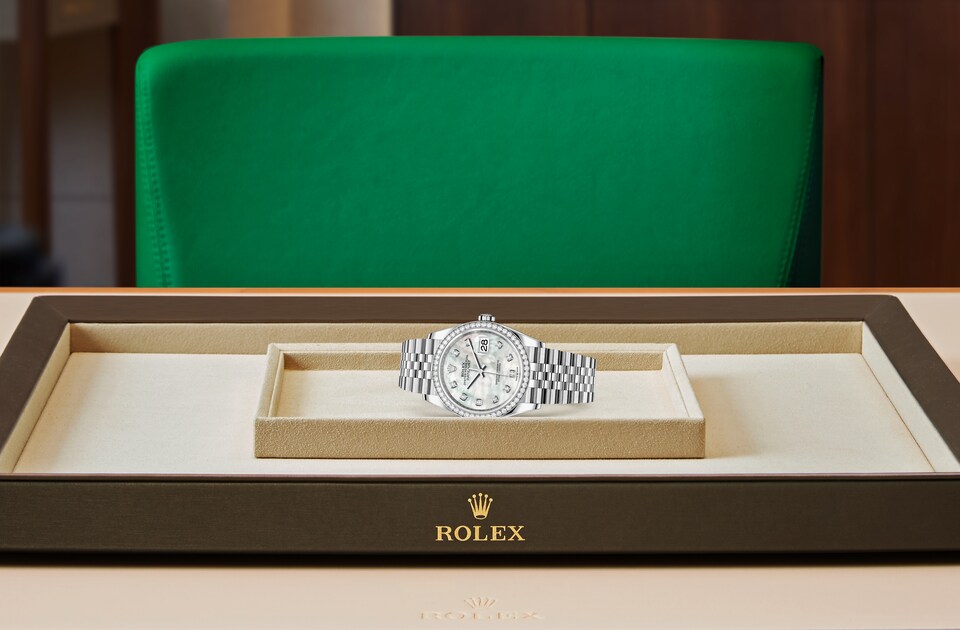 Rolex Datejust de Oyster, 36 mm, acero Oystersteel, oro blanco y diamantes, m126284rbr-0011 - Viste Frontal acostado