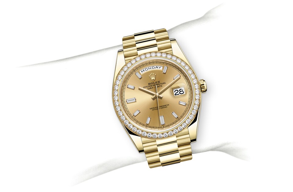 Rolex Day-Date de Oyster, 40 mm, oro amarillo y diamantes, m228348rbr-0002 - En muñeca
