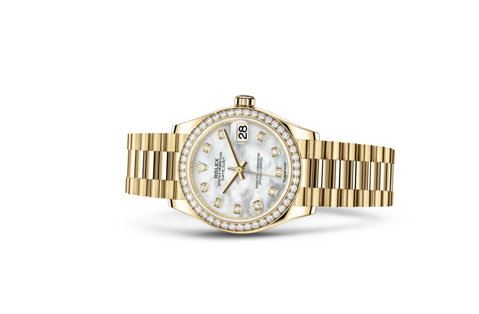 Rolex Datejust de Oyster, 31 mm, oro amarillo y diamantes, m278288rbr-0006 - Frente acostado