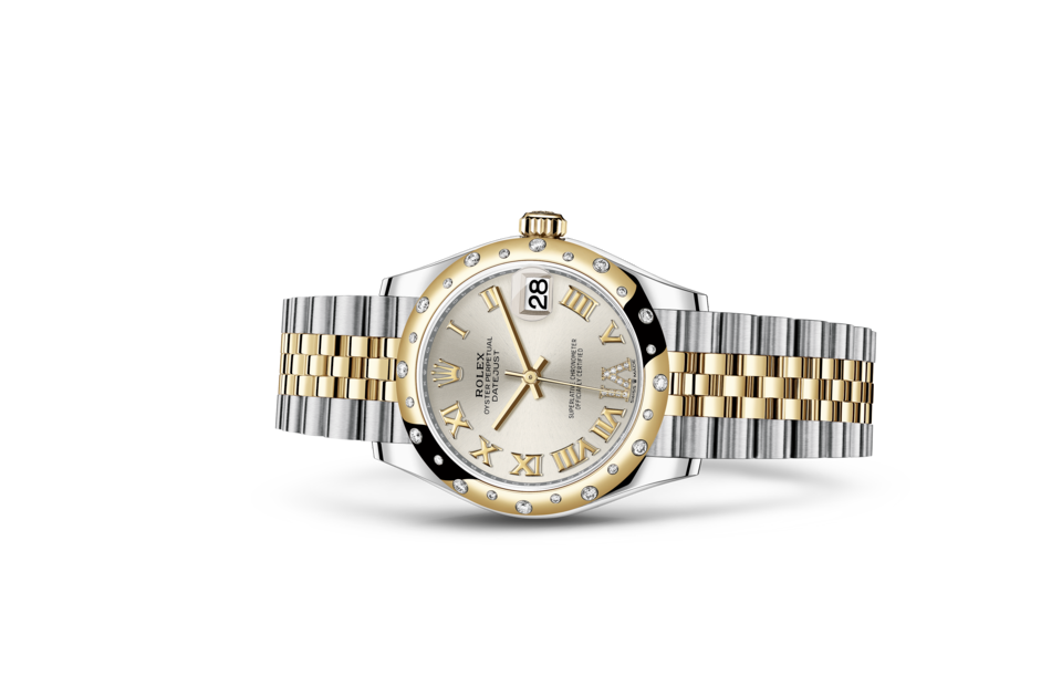 Rolex Datejust de Oyster, 31 mm, acero Oystersteel, oro amarillo y diamantes, m278343rbr-0004 - Frente acostado