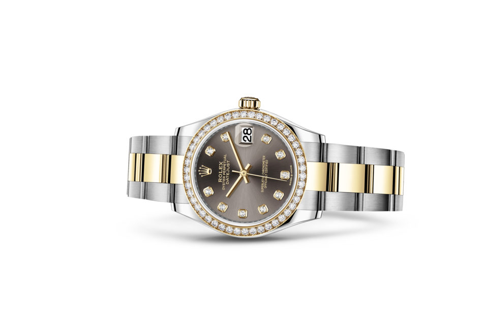 Rolex Datejust de Oyster, 31 mm, acero Oystersteel, oro amarillo y diamantes, m278383rbr-0021 - Frente acostado