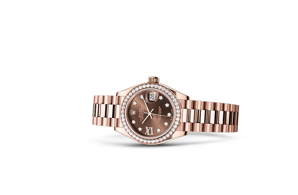 Rolex Lady‑Datejust de Oyster, 28 mm, oro Everose y diamantes, m279135rbr-0001 - Frente acostado