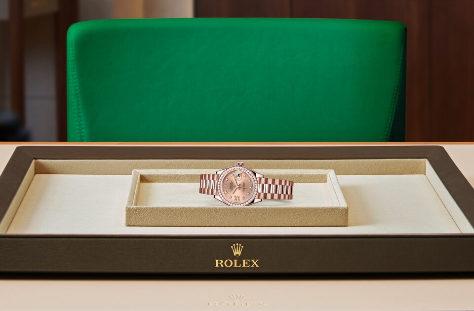 Rolex Lady-Datejust de Oyster, 28 mm, oro Everose y diamantes, m279135rbr-0029 - Viste Frontal acostado