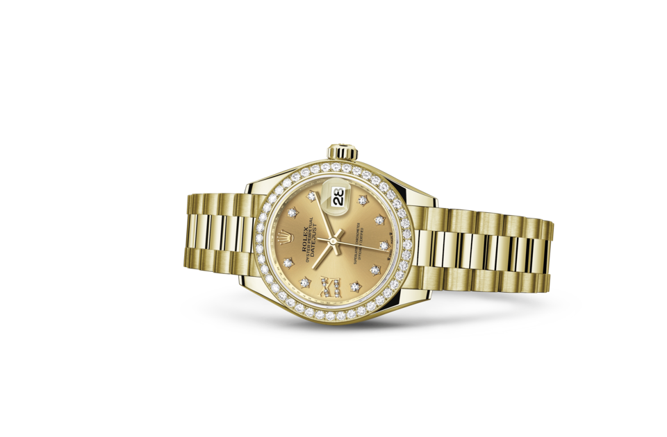 Rolex Lady‑Datejust de Oyster, 28 mm, oro amarillo y diamantes, m279138rbr-0006 - Frente acostado