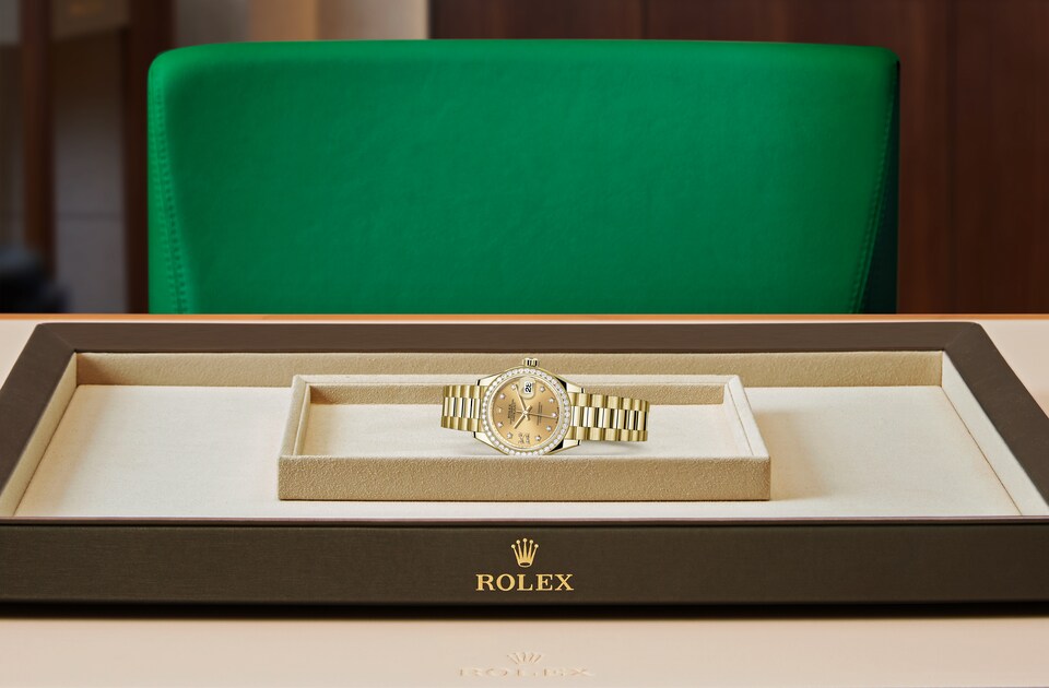 Rolex Lady‑Datejust de Oyster, 28 mm, oro amarillo y diamantes, m279138rbr-0006 - Viste Frontal acostado