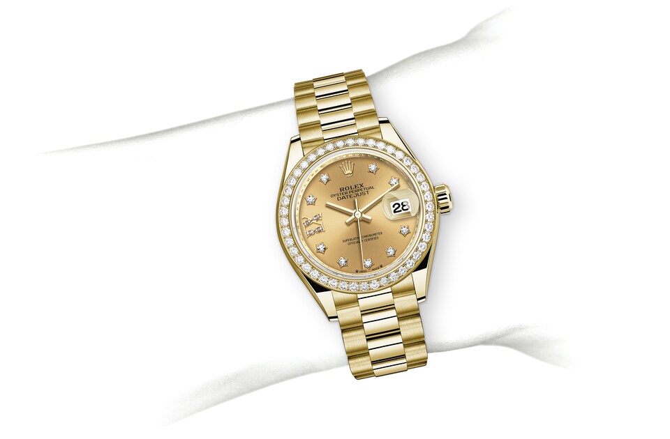 Rolex Lady‑Datejust de Oyster, 28 mm, oro amarillo y diamantes, m279138rbr-0006 - En muñeca