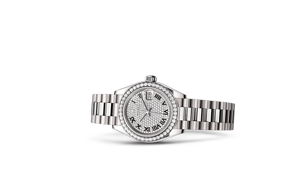 Rolex Lady‑Datejust de Oyster, 28 mm, oro blanco y diamantes, m279139rbr-0014 - Frente acostado