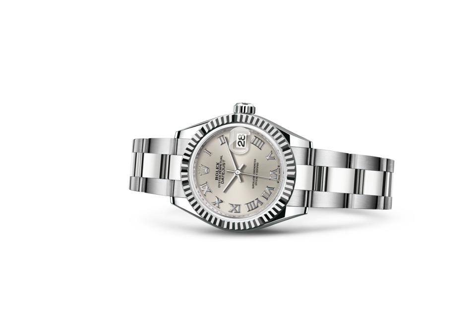 Rolex Lady-Datejust de Oyster, 28 mm, acero Oystersteel y oro blanco, m279174-0008 - Frente acostado