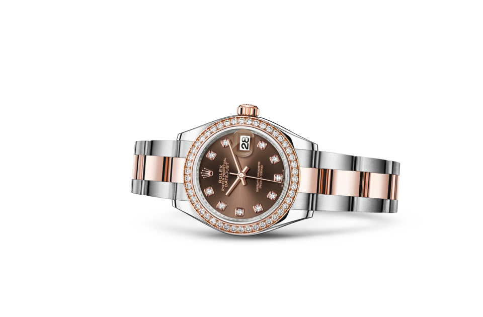 Rolex Lady‑Datejust de Oyster, 28 mm, acero Oystersteel, oro Everose y diamantes, m279381rbr-0012 - Frente acostado