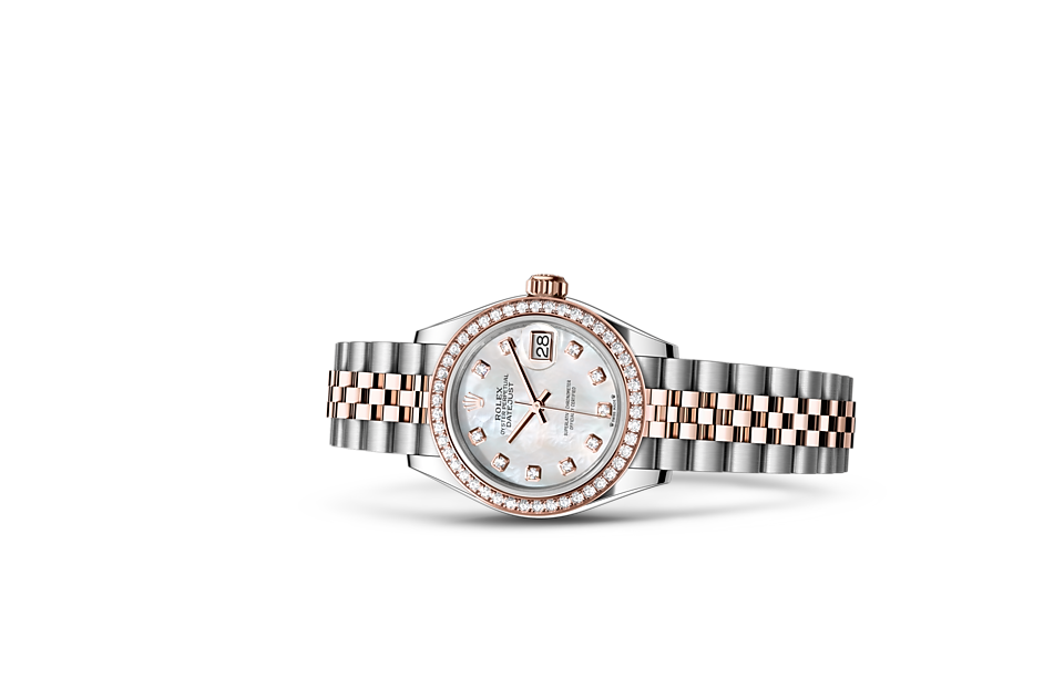 Rolex Lady‑Datejust de Oyster, 28 mm, acero Oystersteel, oro Everose y diamantes, m279381rbr-0013 - Frente acostado