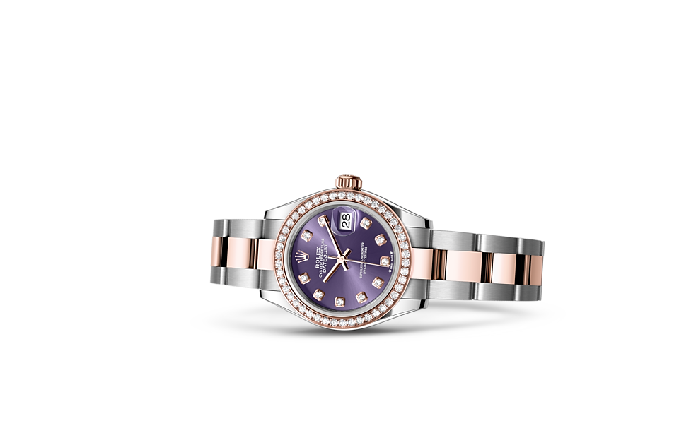 Rolex Lady‑Datejust de Oyster, 28 mm, acero Oystersteel, oro Everose y diamantes, m279381rbr-0016 - Frente acostado