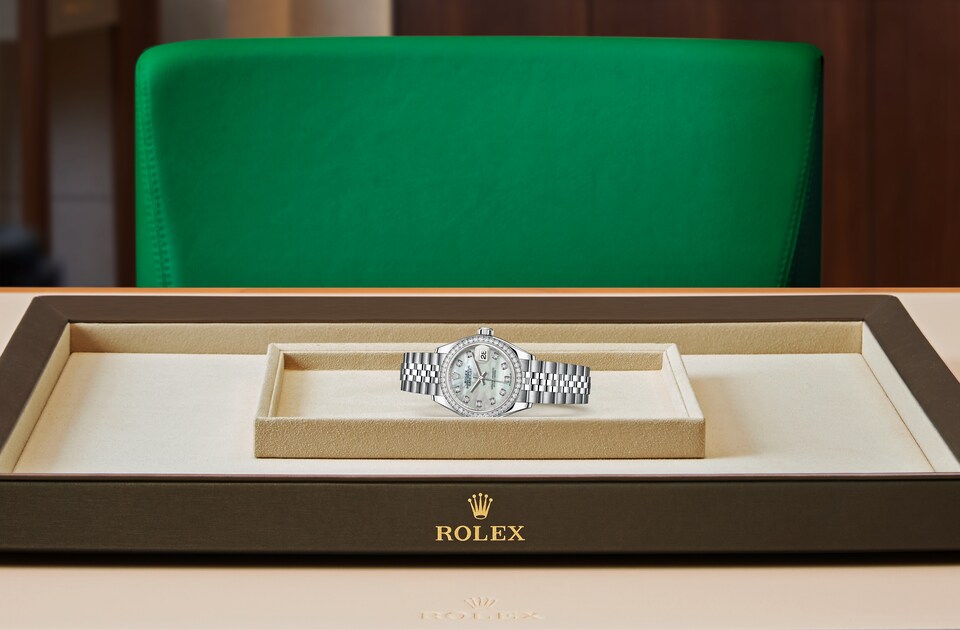 Rolex Lady-Datejust de Oyster, 28 mm, acero Oystersteel, oro blanco y diamantes, m279384rbr-0011 - Viste Frontal acostado