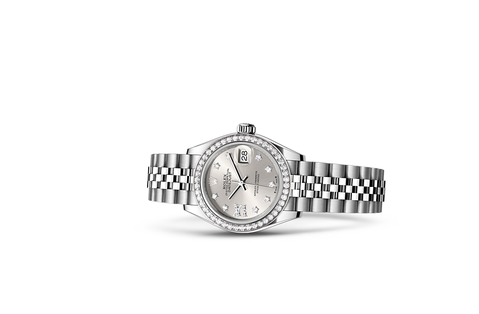 Rolex Lady‑Datejust de Oyster, 28 mm, acero Oystersteel, oro blanco y diamantes, m279384rbr-0021 - Frente acostado