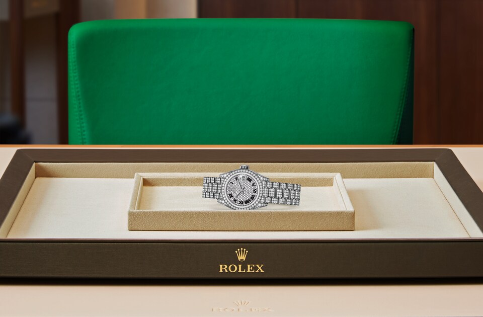 Rolex Lady‑Datejust de Oyster, 28 mm, oro blanco y diamantes, m279459rbr-0001 - Viste Frontal acostado
