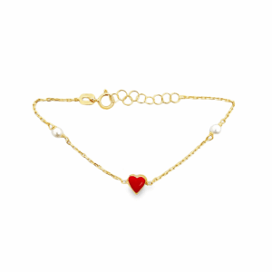 Pulsera Corazón Esmaltado Rojo con Perlitas